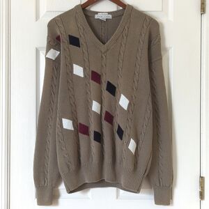 Izod Club 80's Vintage Funky Hand Embroidered Cable Knit V-neck Sweater Sage L
